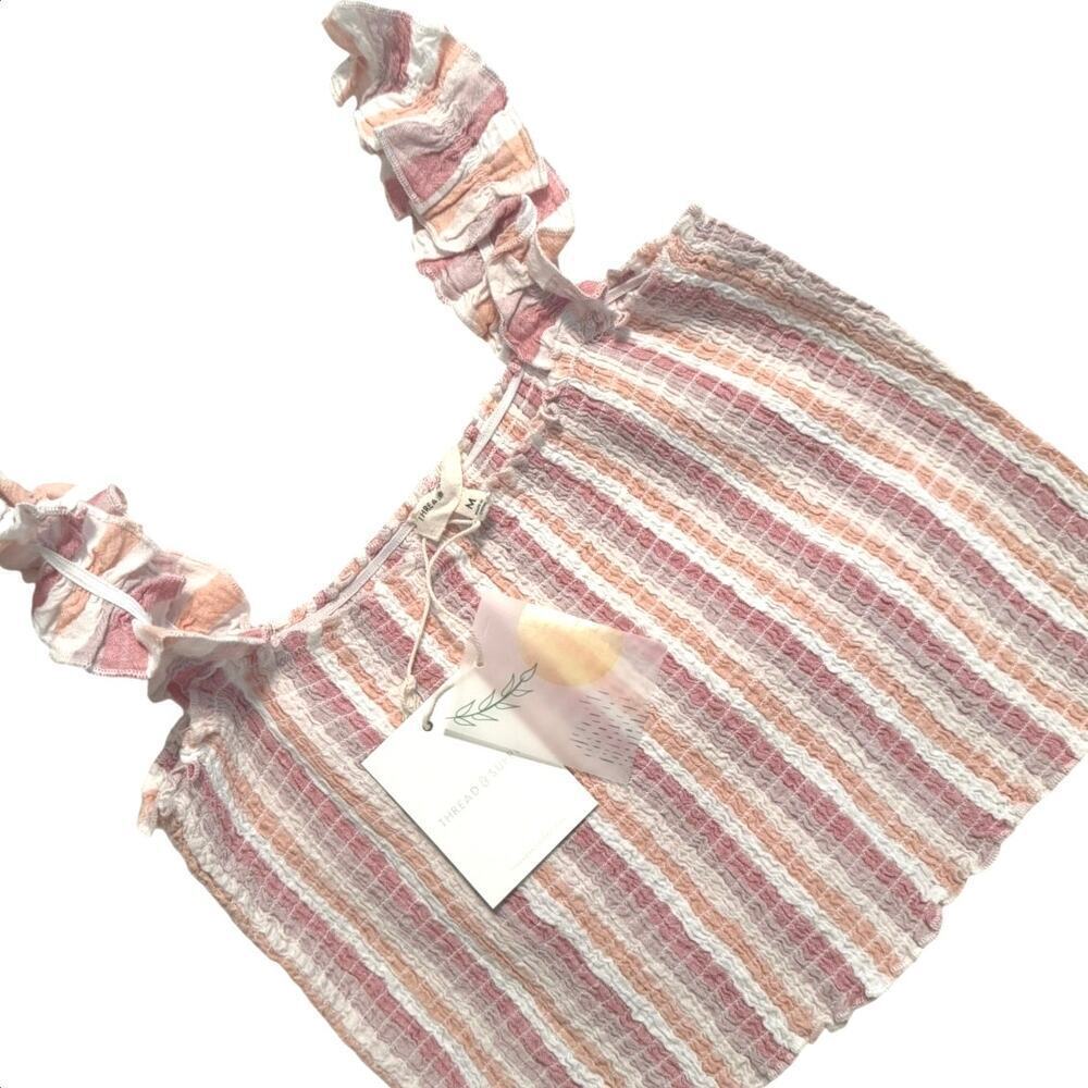 Thread & Supply Boho Chic Coquette Ruffle Strap Crop Striped Tank Top NWT